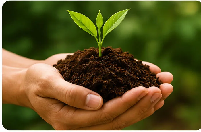 Hand holding coconut coir soil