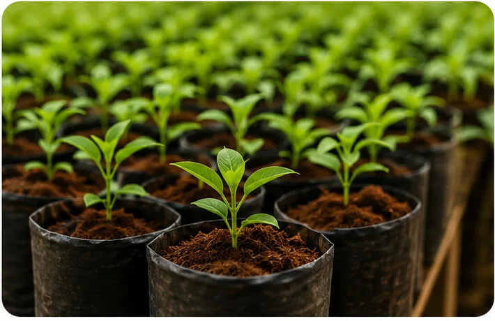 Seedlings growing in pots