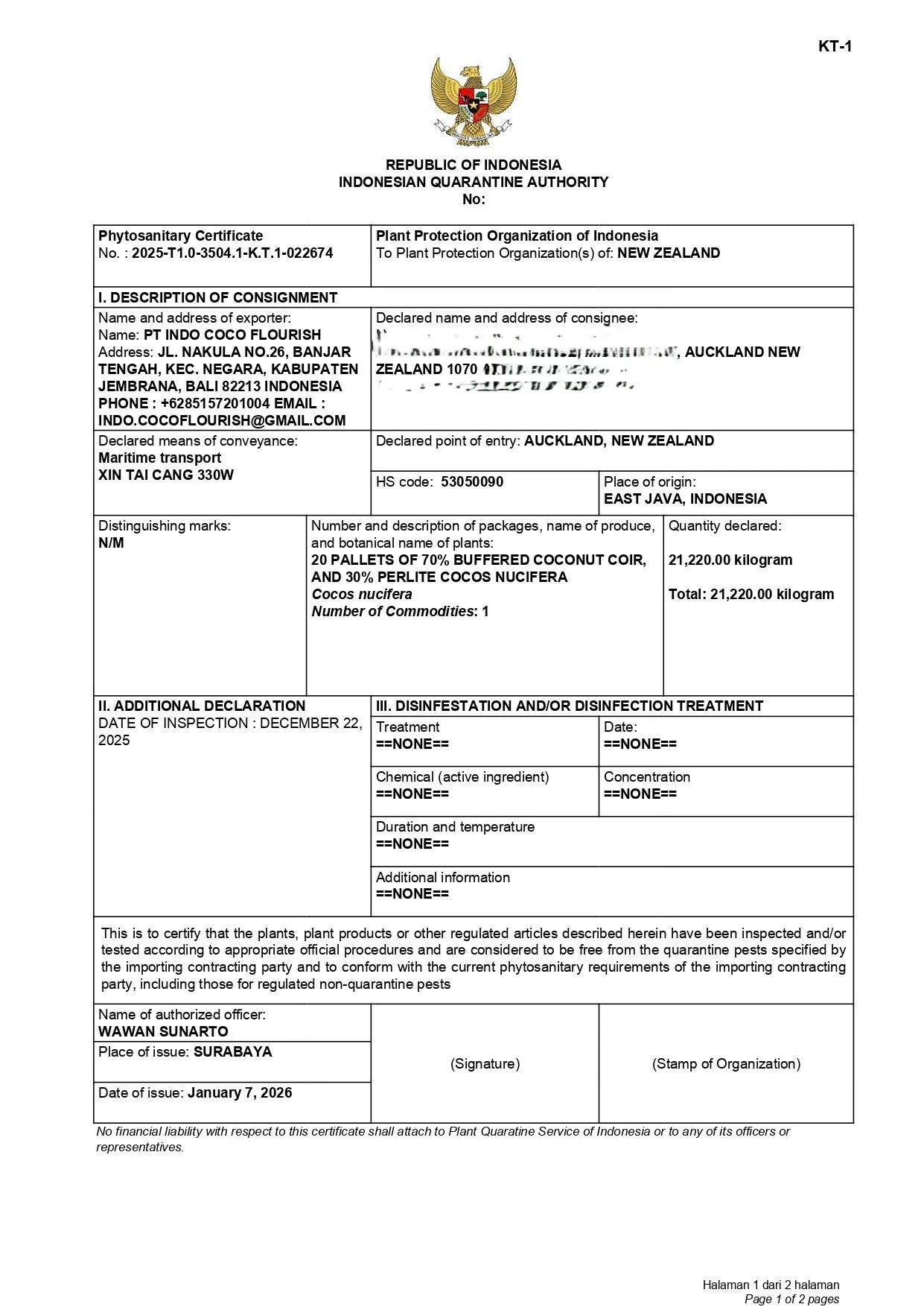 Phytosanitary certificate New Zealand coir block