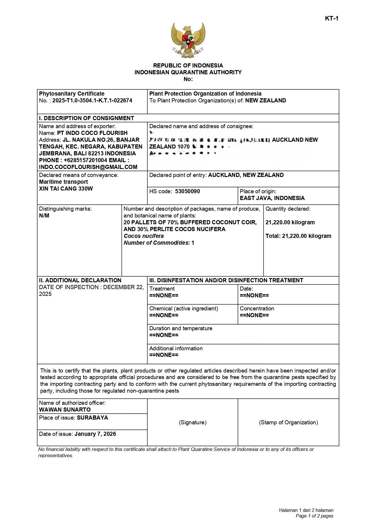 Phytosanitary certificate New Zealand coir perlite