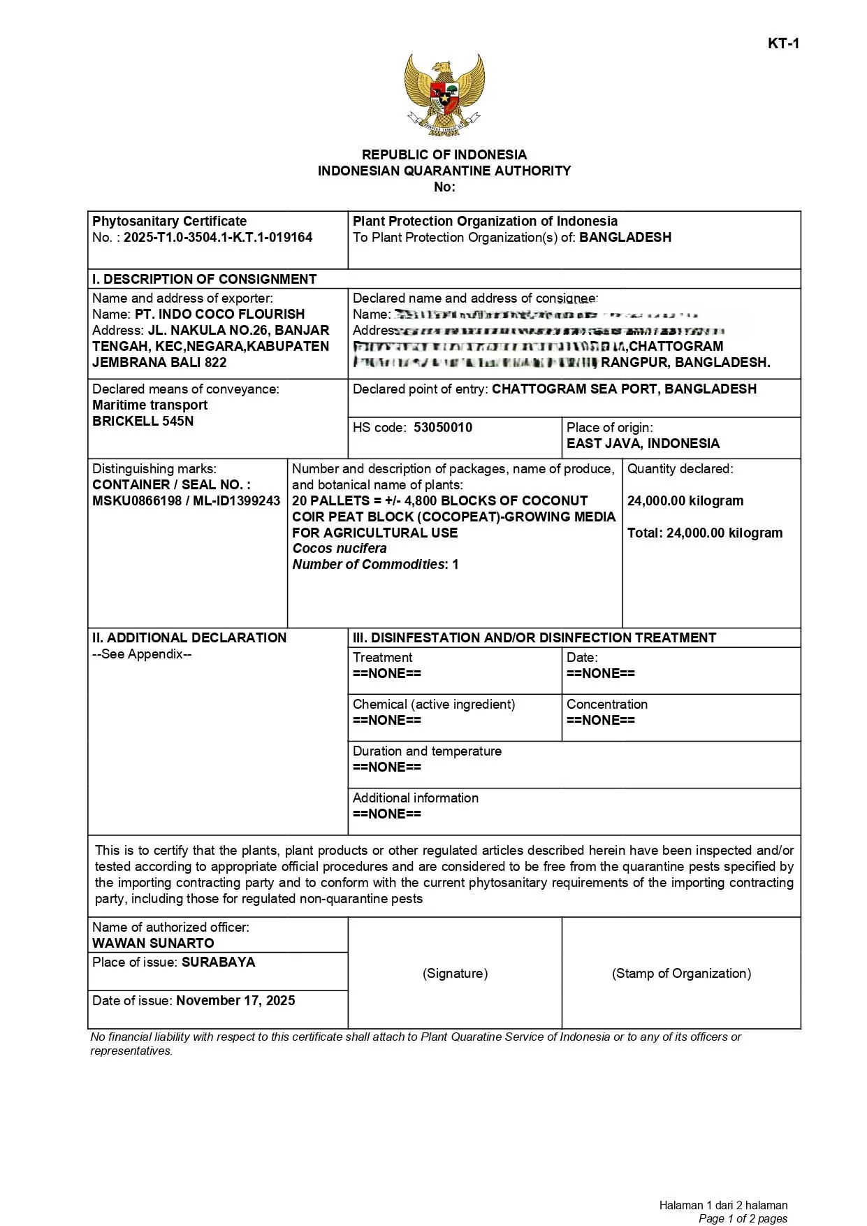 Phytosanitary certificate Bangladesh coir block