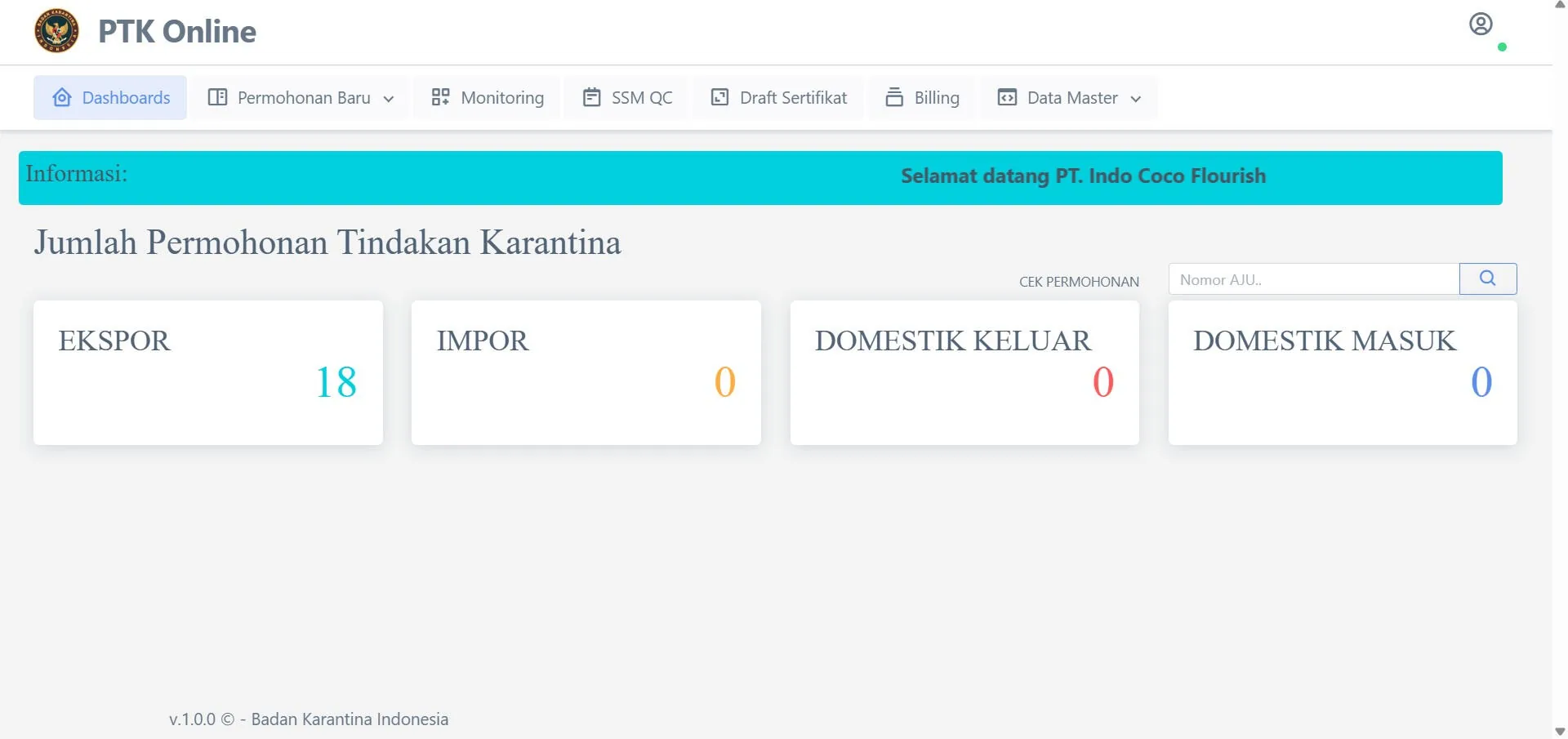 PTK Online dashboard showing 18 export shipments for PT Indo Coco Flourish